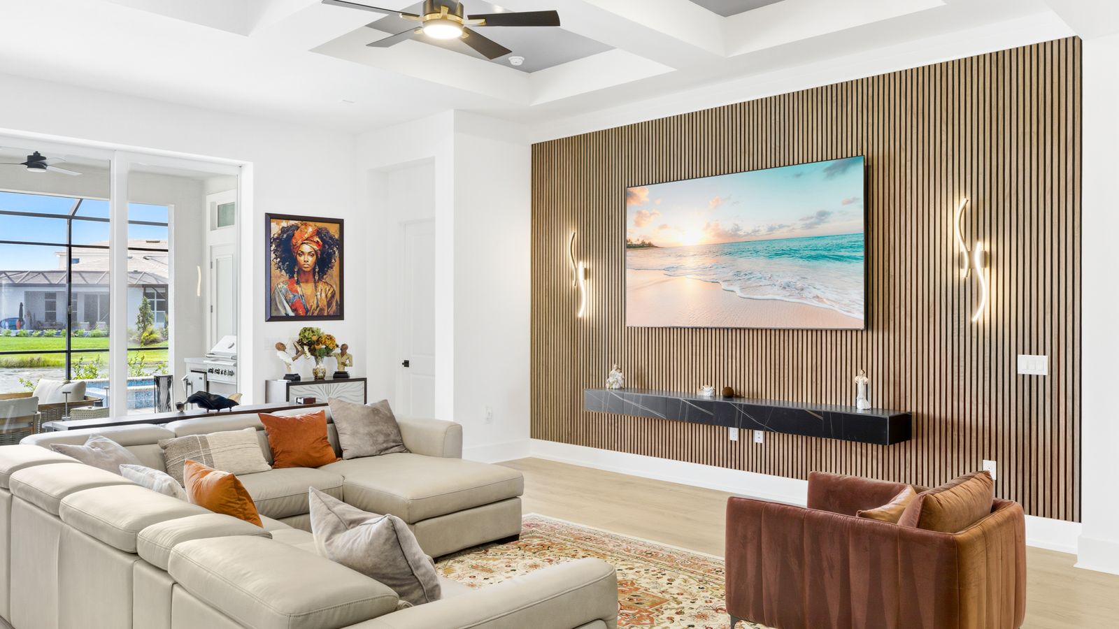 Angled view of a natural wood slat wall with a floating console and sculptural LED sconces
